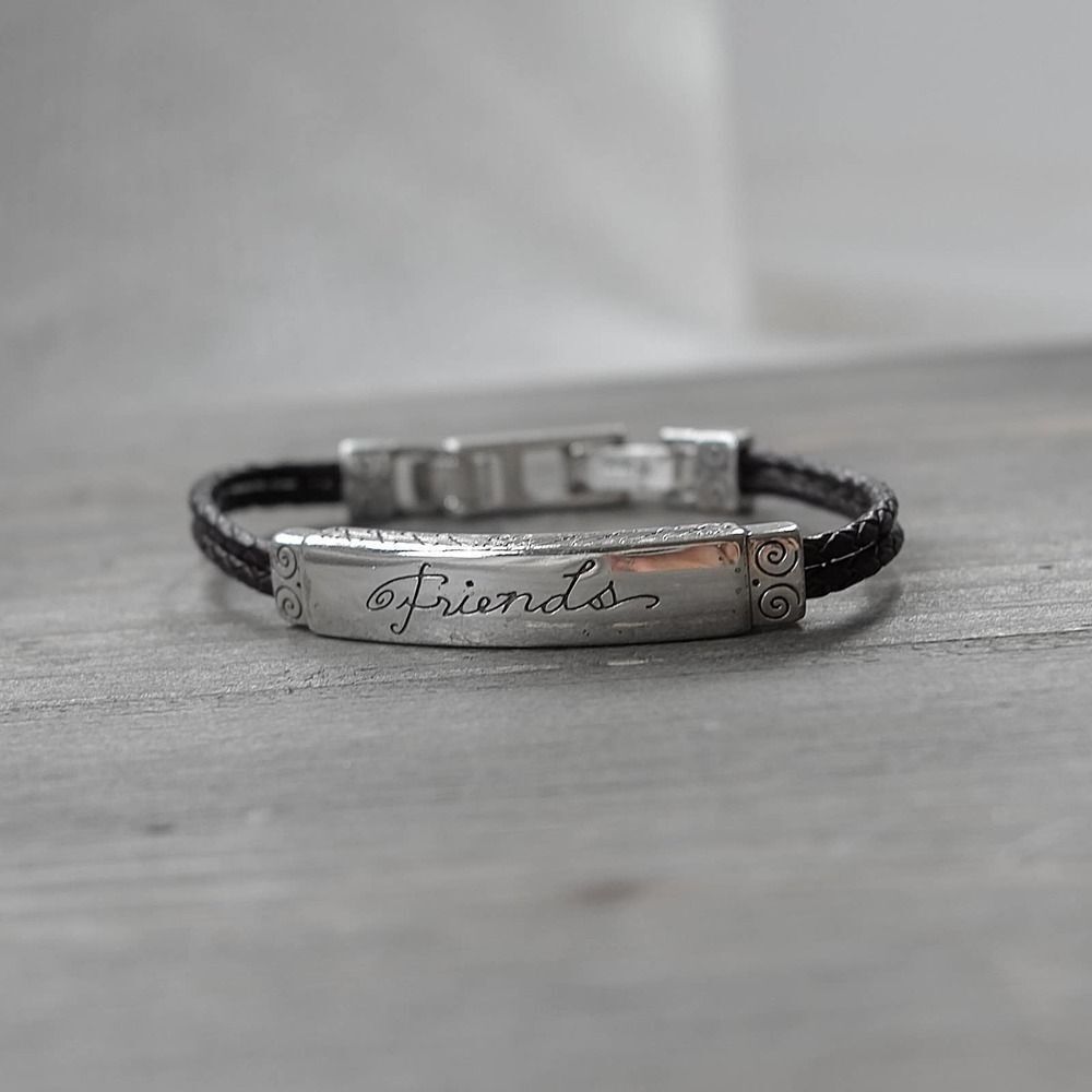 Brighton FRIENDS ID Bracelet Braided Brown Leather Engraved Retired Silver Plate